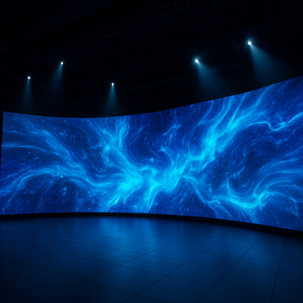 Grand mur d'écran LED courbé diffusant des visuels lumineux dans une salle moderne