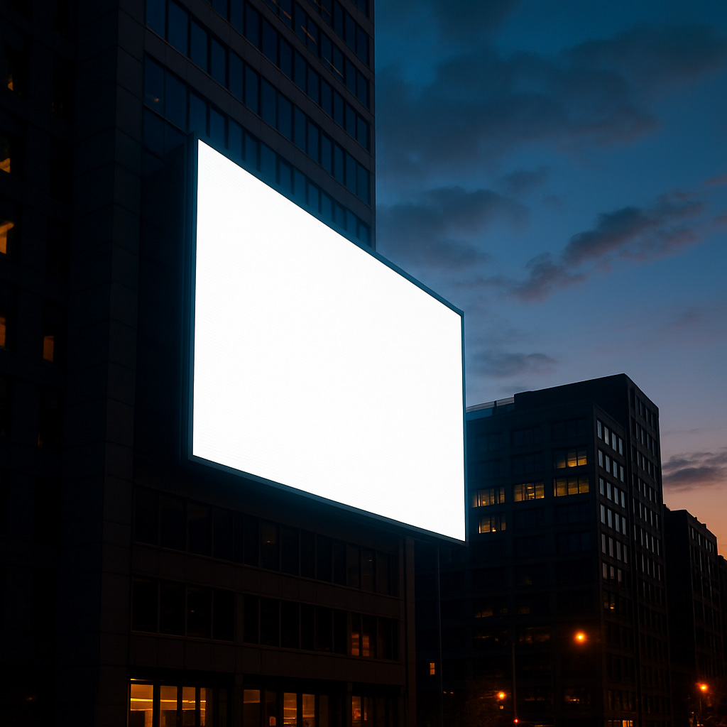Écran LED géant en façade d'un bâtiment urbain à la tombée de la nuit